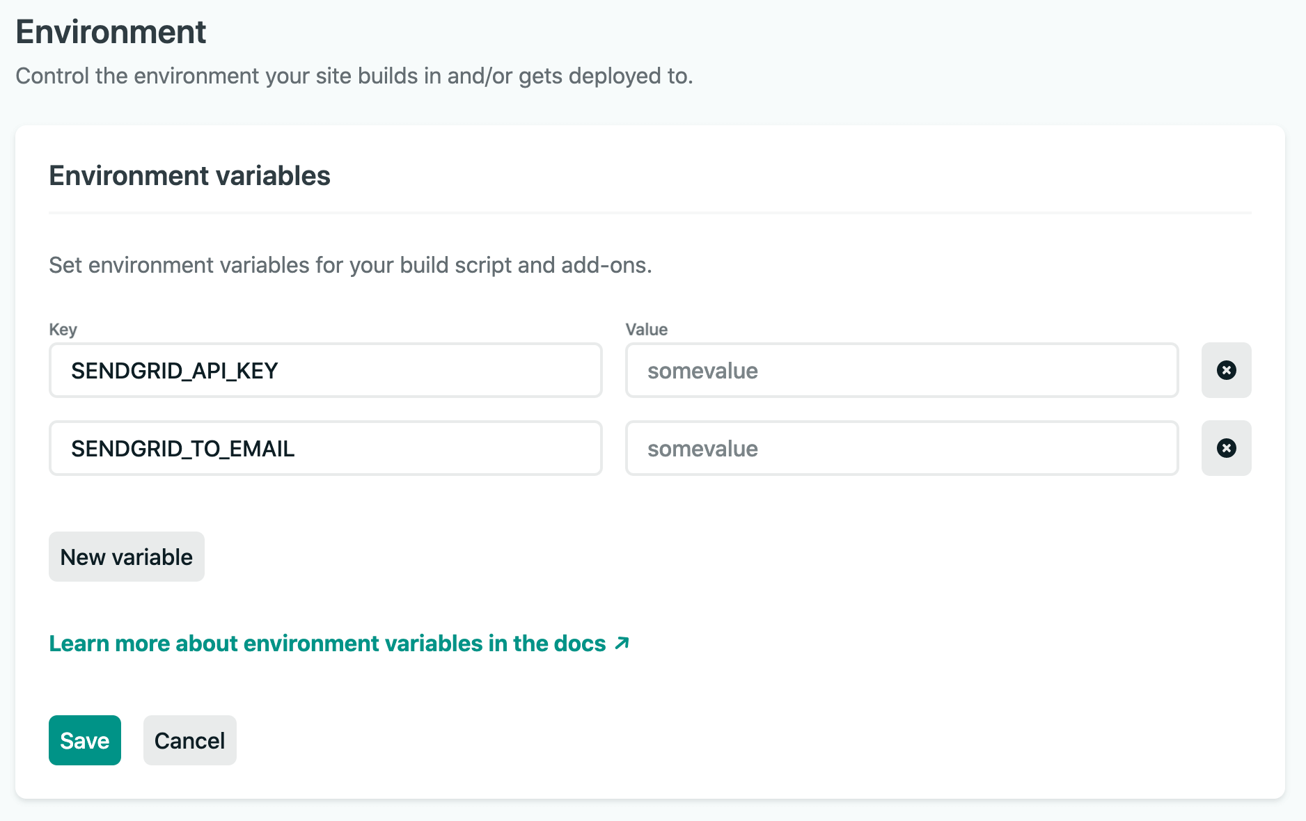 Form for setting environment variables in Netlify